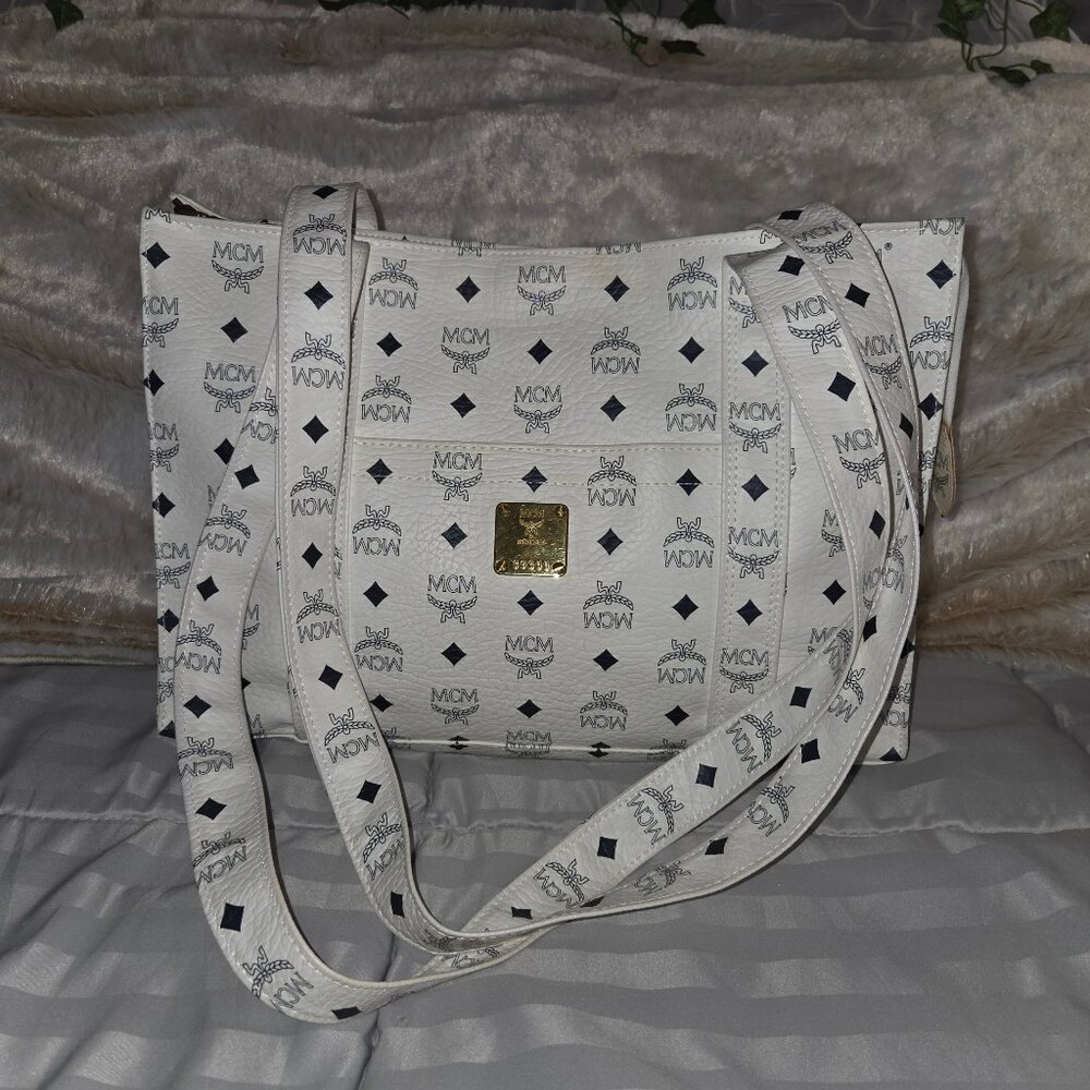 MCM White & Black Monogram Print Large Tote Bag
